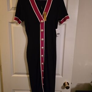 Alexia Admor Black Midi Dress with Pink Trim and Gold Buttons